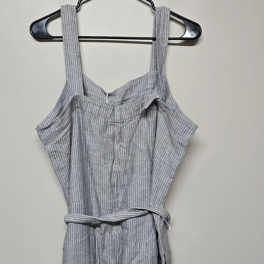 Everlane Women's Linen Jumpsuit Sz 14 Gray White Stripe Tie Waist Sleeveless NWT